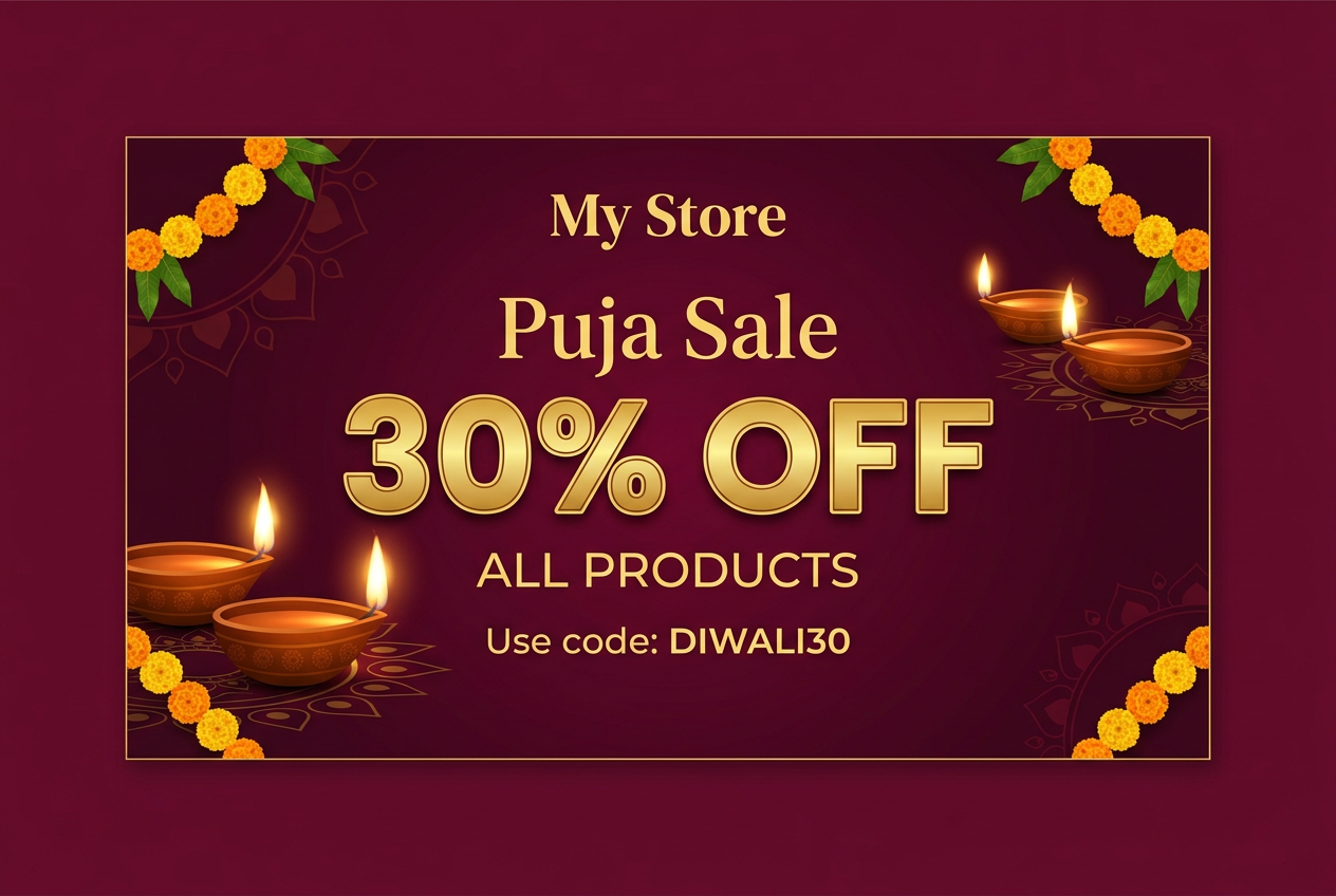 My Store Puja sale banner with 30% off all products and code DIWALI30